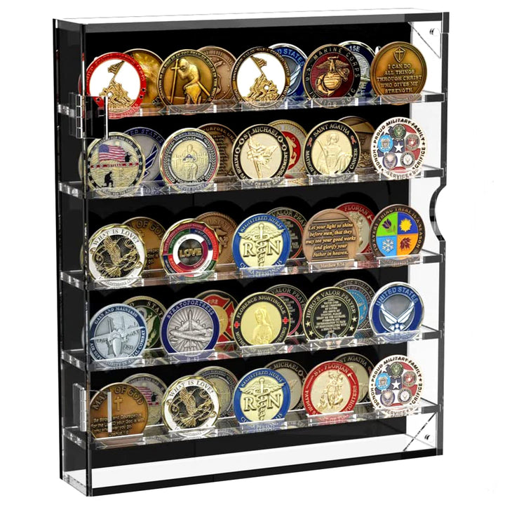Coin Holder, Challenge Coin Display Case, Acrylic Military Challenge Coin Holders for Collectors, Clear Coin Case Coin Box fits 45 Military Medals Poker Chip Pins Badges with Magnetic Door