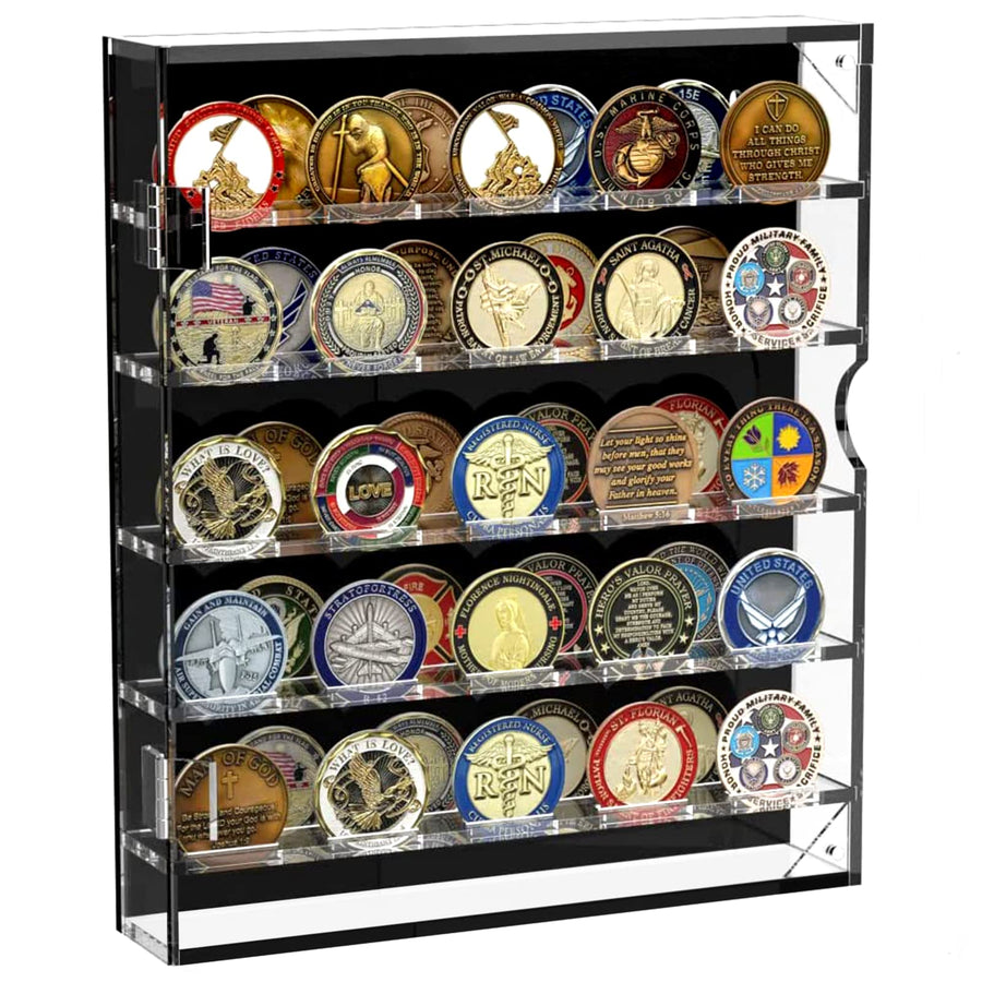 Coin Holder, Challenge Coin Display Case, Acrylic Military Challenge Coin Holders for Collectors, Clear Coin Case Coin Box fits 45 Military Medals Poker Chip Pins Badges with Magnetic Door