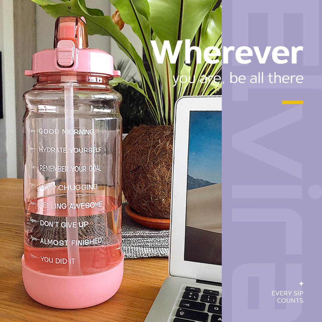 Half Gallon/64oz Motivational Time Marker Water Bottle with Straw & Protective Silicone Boot, BPA Free Anti-Slip Leakproof for Fitness, Gym and Outdoor Sports