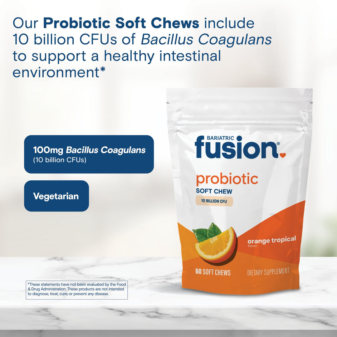 Bariatric Probiotic Soft Chews | Orange Tropical Flavor Chewy Bariatric Vitamin | Bacillus Coagulans 10 Billion CFU Chewable Probiotic | Support Digestive & Immune Health | 60 Count