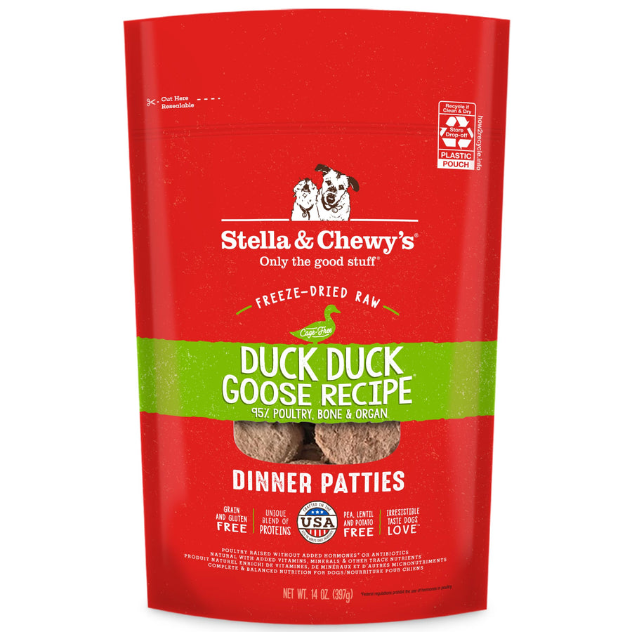 Freeze Dried Raw Dinner Patties – Grain Free Dog Food, Protein Rich Duck Duck Goose Recipe – 14 oz Bag
