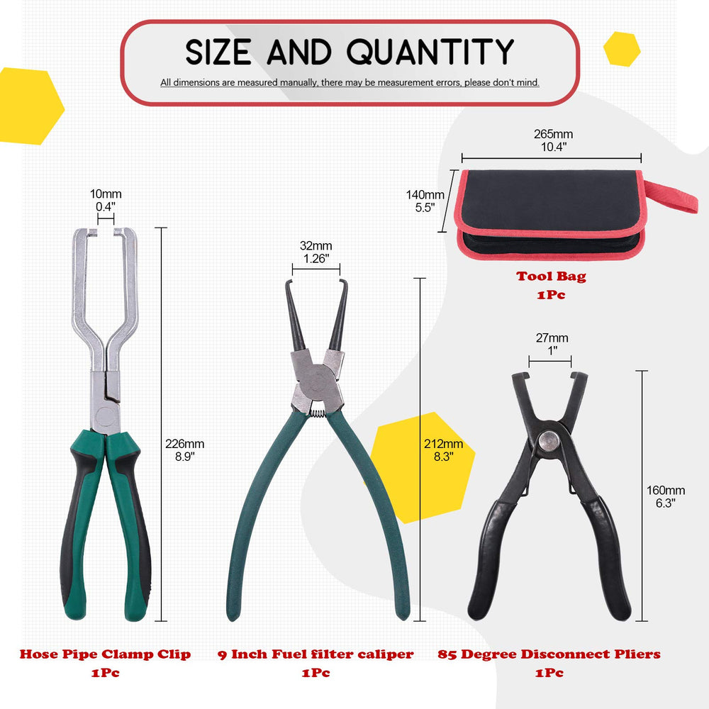 Fuel Line Petrol Clip Pipe Pliers 9 Inch Fuel Filter Calipers Fuel Line Pliers and 80 Degree Disconnect Pliers Push Pin Pliers Set (Pack of 3)
