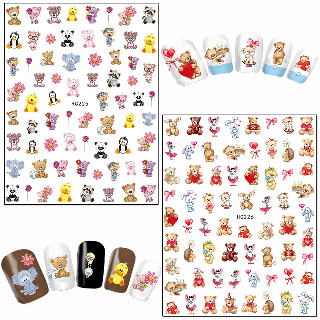 Cartoon Nail Art Stickers, Cute Animal 3D Self-Adhesive Decals Design, Unicorn Bear Dog Cat Flowers Chicken Rabbit Heart Baby Nail Decoration for Women Girls Manicure Charms Acrylic Supplies(8 Sheets)