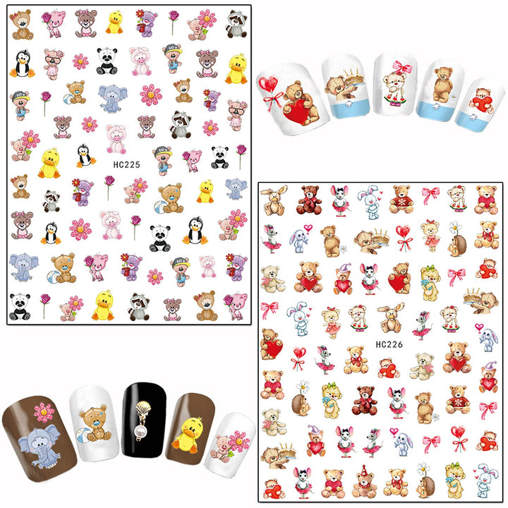 Cartoon Nail Art Stickers, Cute Animal 3D Self-Adhesive Decals Design, Unicorn Bear Dog Cat Flowers Chicken Rabbit Heart Baby Nail Decoration for Women Girls Manicure Charms Acrylic Supplies(8 Sheets)