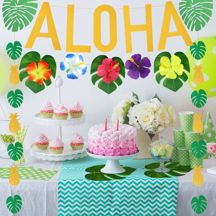 Hawaiian Tropical Luau Theme Party Decoration Including Aloha Banner Pineapple Palm Leaves Garland 12 Pieces Tropical Palm Leaves and 12 Pieces Hibiscus Luau Flower for Pool Party Decorations