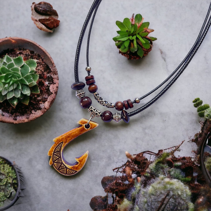 Brown Hawaiian Fish Hook Pendant Necklace Hemp Cord Chain - Maori Tribal Necklace - Adjustable Black Cord