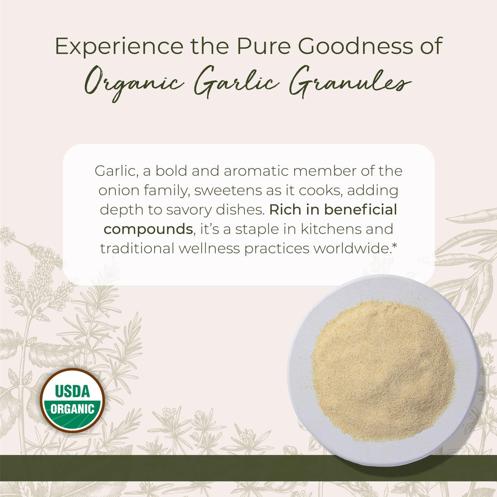 Dried Organic Garlic Granules - Granulated Garlic Seasoning for Cooking, Herb for Rubs, Bread, Vegetables, & Meat, Aromatic & Flavorful, Certified Kosher, Non-GMO - Bulk 1 lb Bag