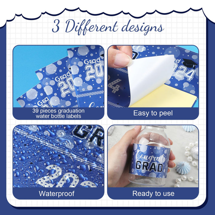 39 Pieces Graduation Decorations Water Bottle Labels Congrats Grad Stickers Class of Party Supplies for High School, College, Nursing, Doctorate Graduation Celebration Decor (Blue,2022 Style)