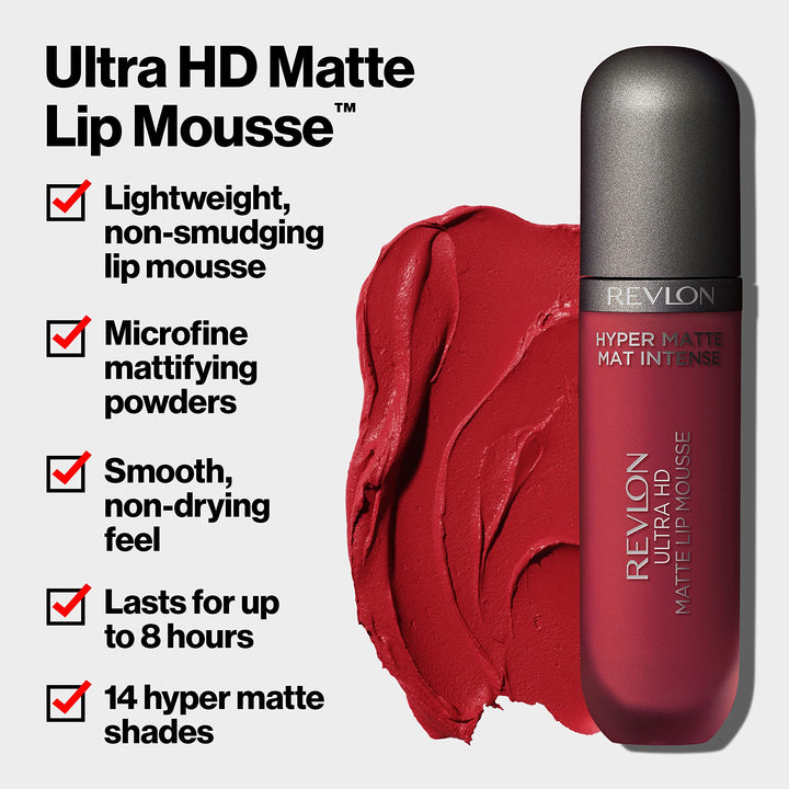Ultra HD Lip Mousse Hyper Matte, Longwearing Creamy Liquid Lipstick in Plum / Berry, Crimson Sky (820), 0.2 oz