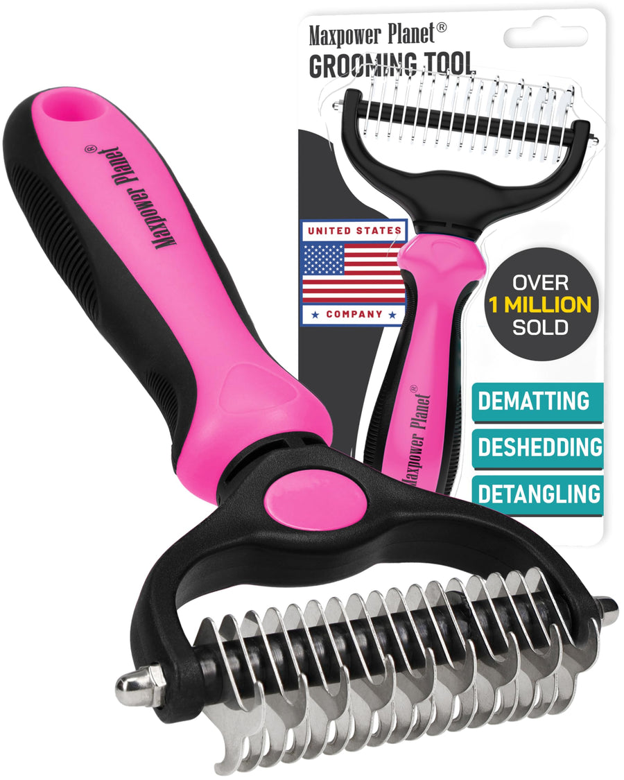 Hair Brush - Double Sided Shedding, Dematting Undercoat Rake for Dogs, Cats - Extra Wide Dog Grooming Brush, Pink