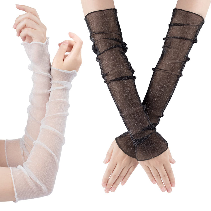 2 Pairs Women's Long Ultra-thin Lace Gloves Sun UV Protection, Cooling Mesh Tulle Sunscreen Sleeves Fingerless Arms Legs Accessories for Party Outdoor Sport Activities- 50cm, Black/White