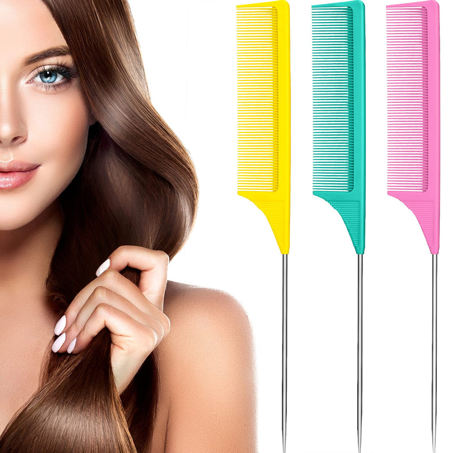 3 Packs Rat Tail Comb Steel Pin Rat Tail Carbon Fiber Heat Resistant Teasing Combs with Stainless Steel Pintail (Yellow, Pink, Green)