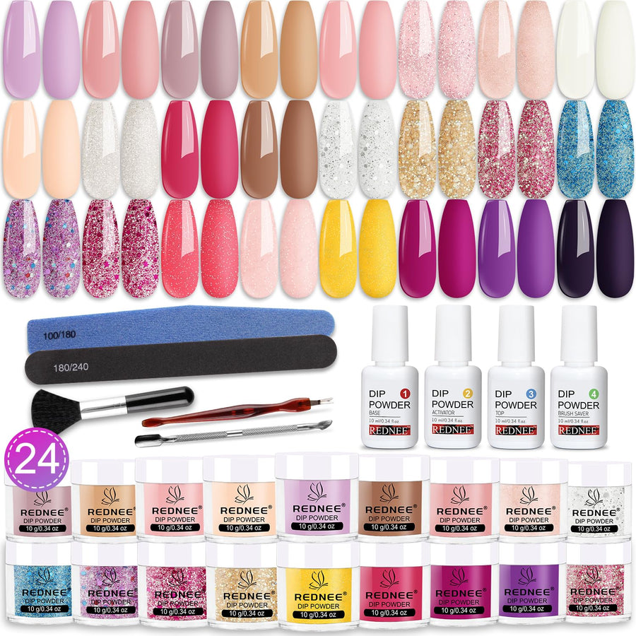 33 Pcs Quick Dry Dip Powder Nail Kit Starter 24 Colors Dipping Powder Set Nude Pink Purple Red Glitter New Advanced Formula Gift Set RE14