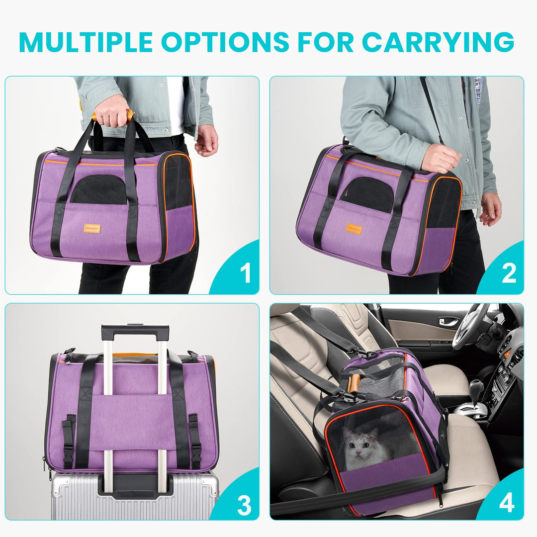 Portable Cat Carrier - Soft Sided Cat Carrier for Medium Cats and Puppy up to 15lbs, Pet Carrier with Locking Safety Zippers, Foldable Bowl, Airline Approved Travel Dog Carrier - Light Purple
