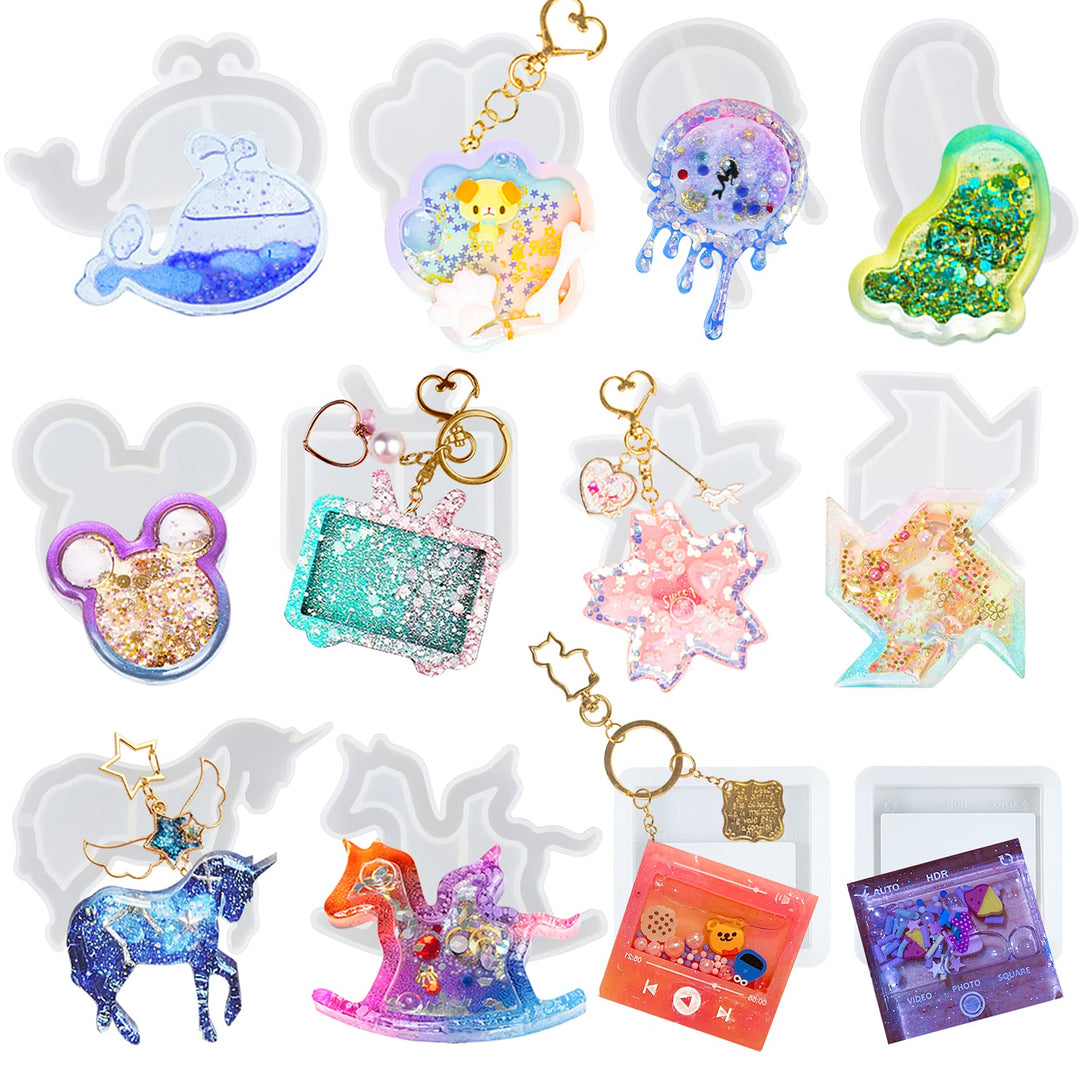 Epoxy Resin Shaker Silicone Molds Set Mouse Head, Flower, Footprint, Dolphin, Windmill, Unicorn, Bear's Paw, TV, Rocking Horse, Drippy Circle, Media Players 12-Count