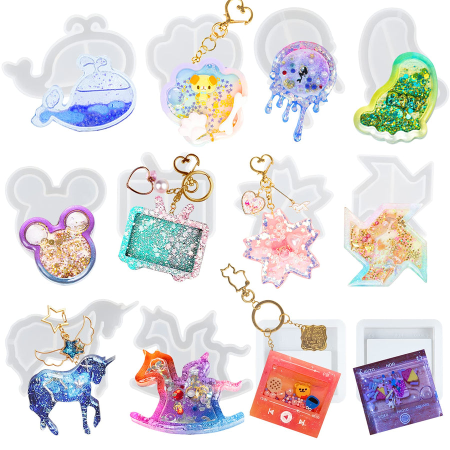 Epoxy Resin Shaker Silicone Molds Set Mouse Head, Flower, Footprint, Dolphin, Windmill, Unicorn, Bear's Paw, TV, Rocking Horse, Drippy Circle, Media Players 12-Count