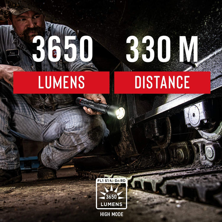 XP18R 3650 Lumen USB-C Rechargeable-Dual Power LED Flashlight with Pure Beam Slide Focus and Top Grade Aluminum Build,Black, 30323