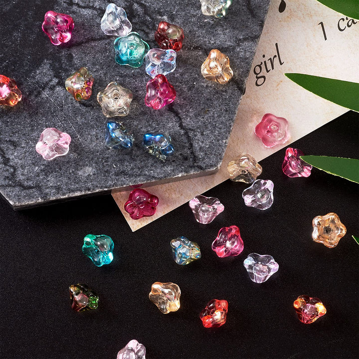 Pandahall 130Pcs Electroplate Glass Trumpet Flower Beads 8.5x8x5.5mm Colorful Mini Transparent Trumpet Floral Glass Spacer Beads for Jewelry Craft Making