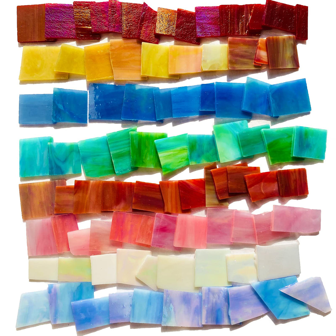 Iridescent Mosaic Glass Pieces Stained Glass Sheet Scraps for Crafts, Mosaic Tiles Supplies Kit, Variety of Rainbow Iridized Colors and Shapes, 35oz Value Pack