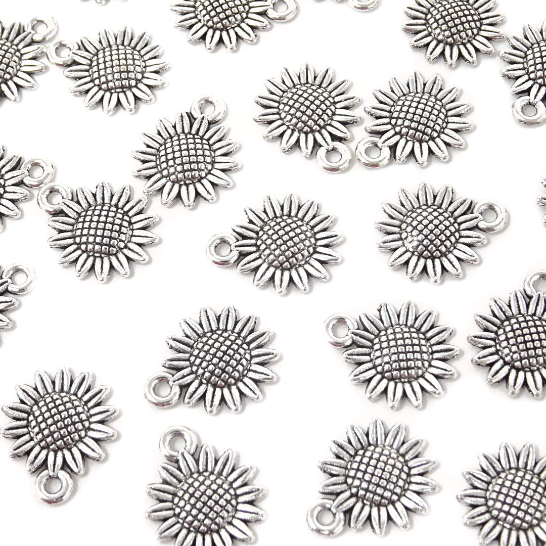 50PCS Vintage Alloy Sunflower Charms Pendant for Jewelry Making or DIY Crafts (Silver)