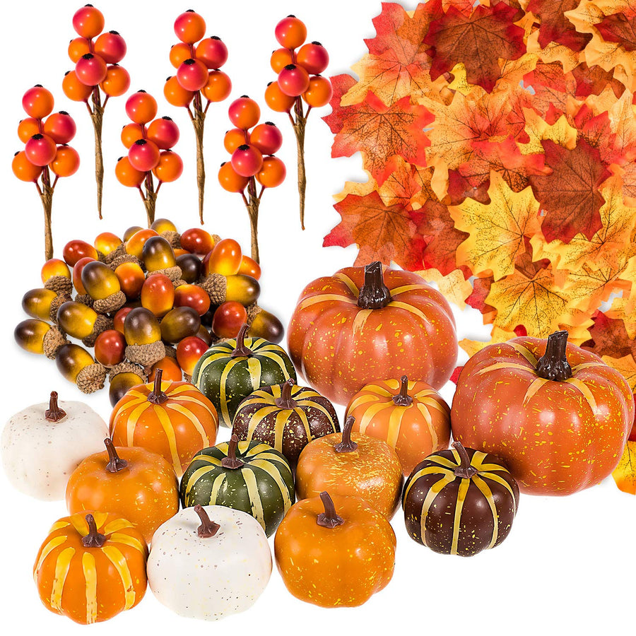 160 Pcs Autumn Artificial Maple Leaves, Harvest Pumpkins, Gourds, Acorns and Orange Berry Stems Set, Fall and Thanksgiving Home Table Decoration Halloween Party Decor