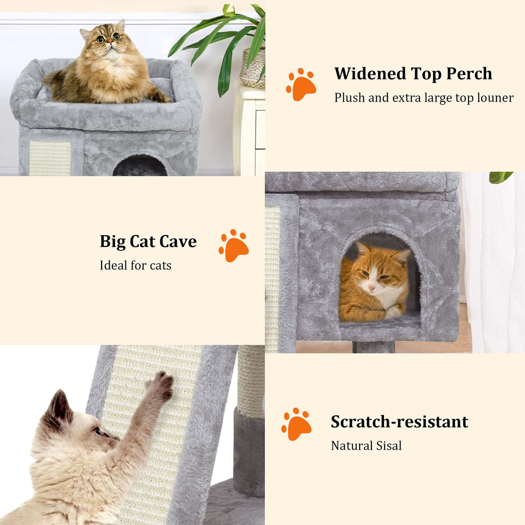 Small Cat Tree for Indoor Cats, Cat Tower with Scratching Post, Modern Activity House for Large Cats, Condo with Board, Kittens Cave (Light Grey)