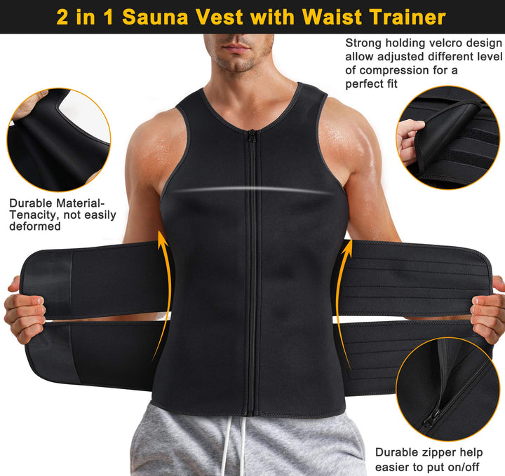 Men Hot Sweat Vest Neoprene Sauna Suit Waist Trainer Zipper Body Shaper with Adjustable Workout Tank Top (Black, Large)