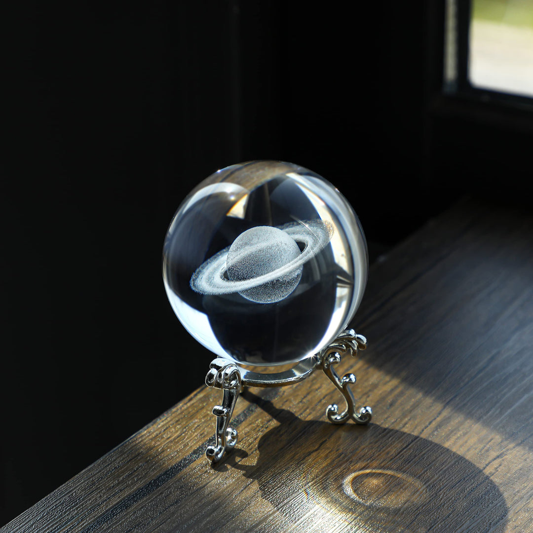 3D Glass Laser Saturn Crystal Ball with Stand 60mm Decorative Glass Ball Paperweights Space Decor for Home Astronomy Graducation Gift for Kids Boys