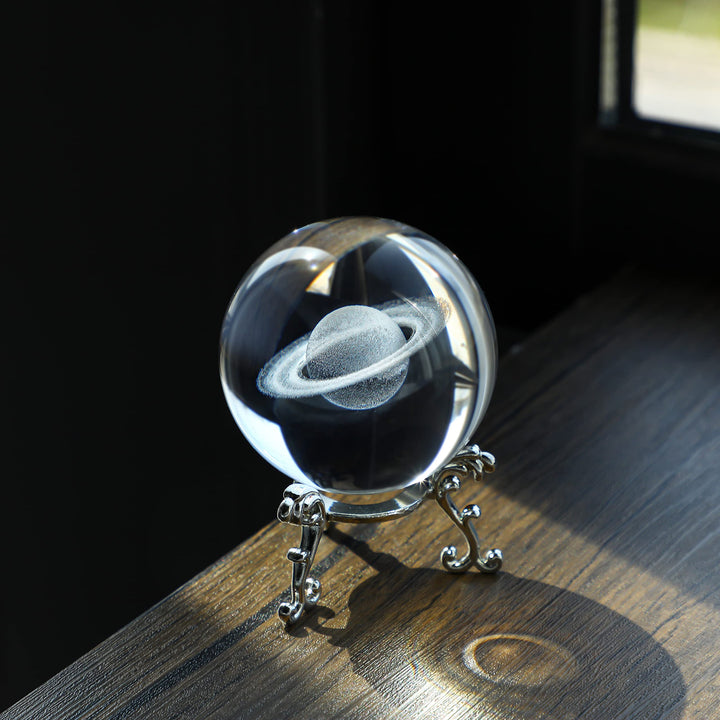 3D Glass Laser Saturn Crystal Ball with Stand 60mm Decorative Glass Ball Paperweights Space Decor for Home Astronomy Graducation Gift for Kids Boys
