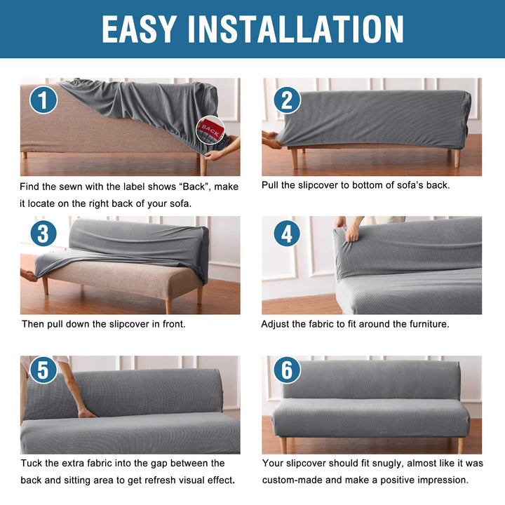 Armless Futon Cover Stretch Sofa Bed Slipcover Protector Elastic Feature Rich Textured High Spandex Small Checks Jacquard Fabric Futon Cover, Machine Washable, Dove