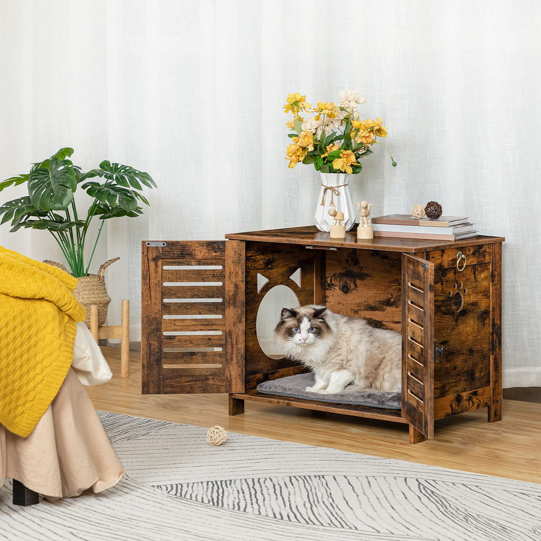 Cat Litter Box Enclosure, Hidden Litter Box Furniture with Shutter Door and Head Mat, Cat Litter Box Furniture Fit Most of Litter Box, 31.5''L x 17.7''W x 19.9''H, Rustic Brown BF06MW01