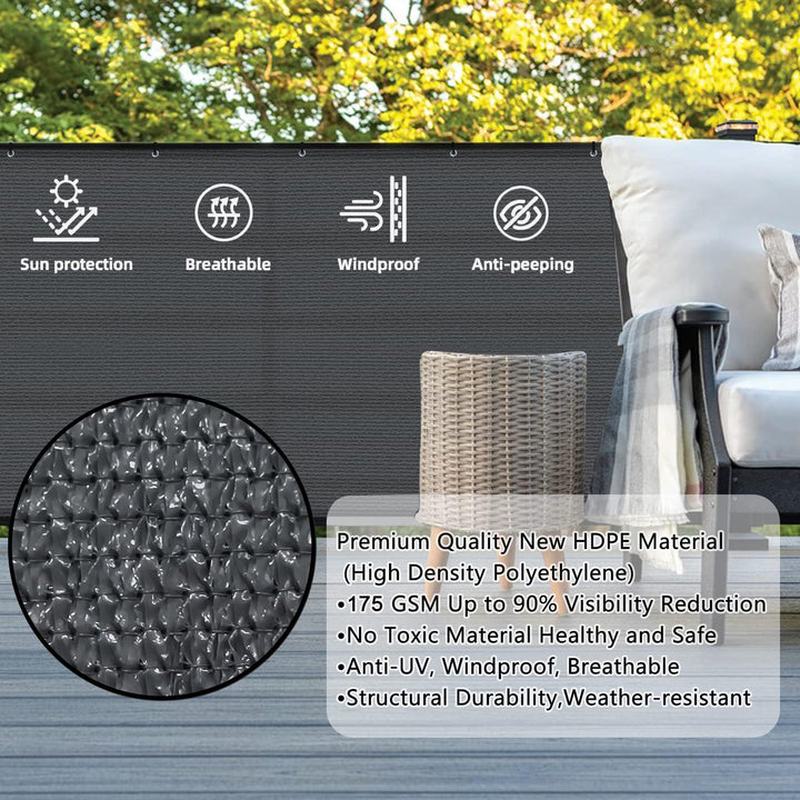 3'x16' Dark Grey Balcony Privacy Screen Fence Windscreen Cover Fabric Shade Netting Mesh Cloth with Grommets UV Protection for Patio, Backyard, Porch, Railing Shield 90% (We Make Custom Sizes)