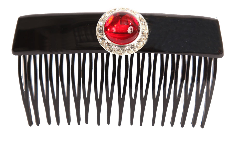 Hand Decorated French Over Lapping Comb with Large Siam and Swarovski Crystal Stones, Black, .65 Ounce