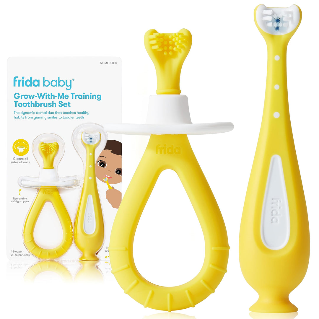Grow-with-Me Baby Toothbrush Training Set | Infant to Toddler Toothbrush 0-12 months, Cleans All Sides at Once, Oral Care for Sensitive Gums | Yellow