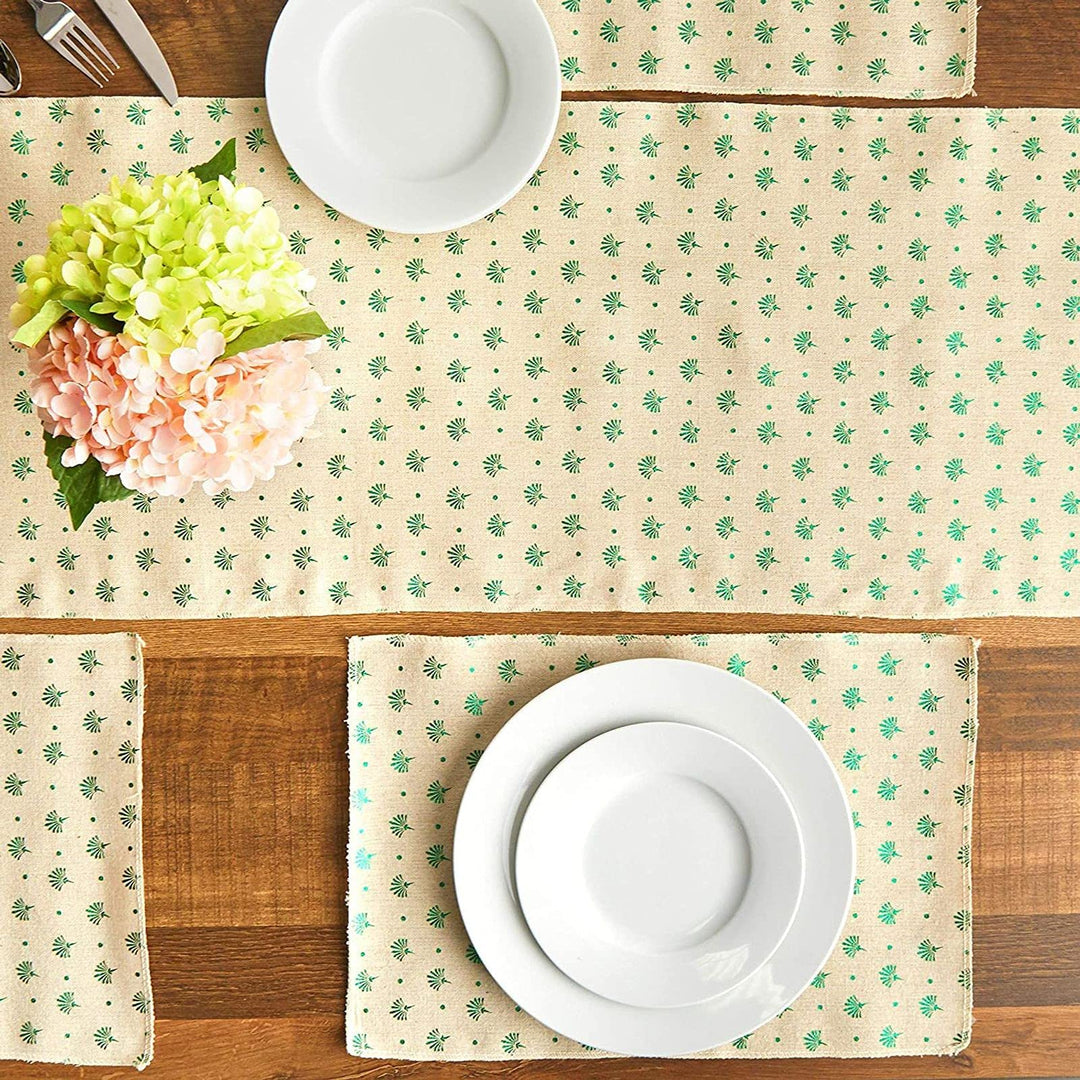 Ivory Dining Table Runner and Placemats, Set of 6, Green Foil (7 Pieces)