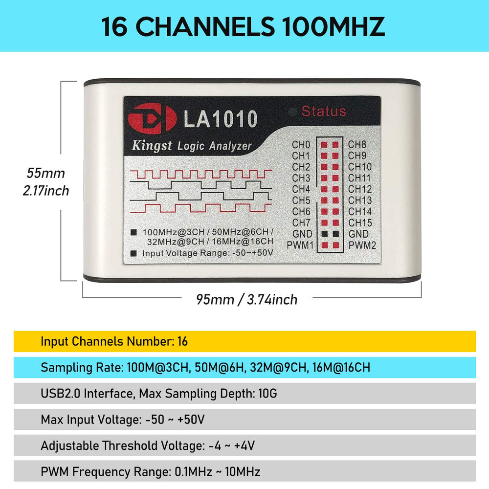 LA1010 USB Logic Analyzer 16 Input Channels 100MHz with The English PC Software Handheld Instrument,Support Windows (32bit/64bit),Mac OS,Linux