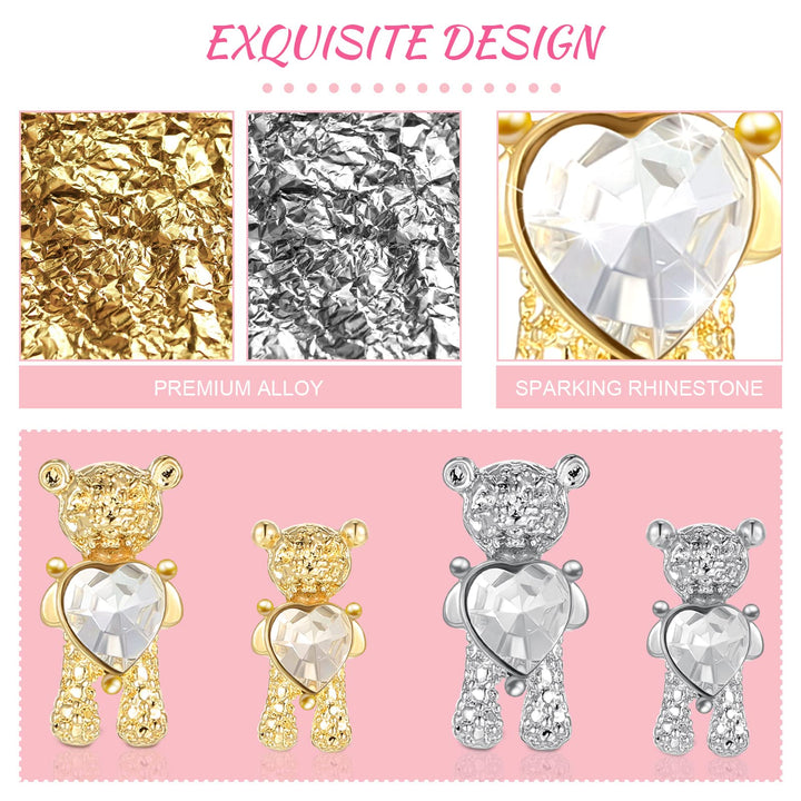 12 Pieces 3D Bear Nail Charms 3D Nail Art Shiny Alloy Bear Nail Charms Cute Nail Rhinestones and Charms Crystal Bear Nail Ornaments Nail Art Rhinestones Nail Decoration for Women Girls DIY Nail Art