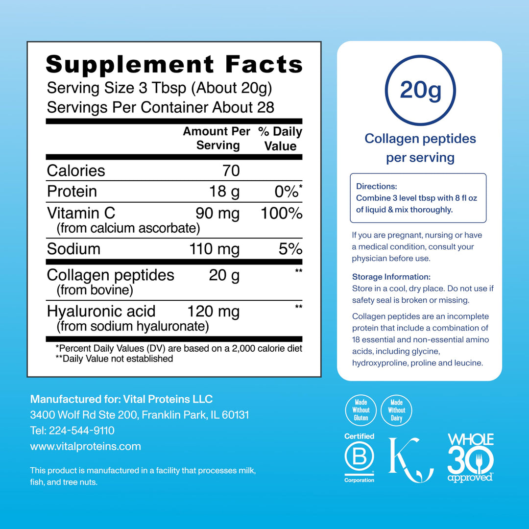 Collagen Peptides Powder Advanced with Hyaluronic Acid & Vitamin C - 20oz Collagen Protein, Unflavored, 28 Servings