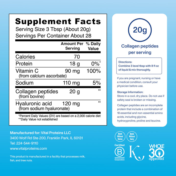 Collagen Peptides Powder Advanced with Hyaluronic Acid & Vitamin C - 20oz Collagen Protein, Unflavored, 28 Servings