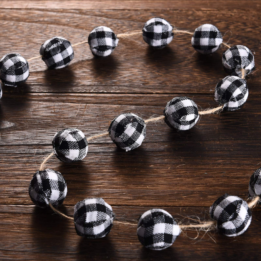2 Pieces Christmas Buffalo Plaid Ball Garland Christmas Ball Strings Christmas Pom Pom Garland 25 mm 40 Balls for Christmas Wall Fireplace Christmas Tree (Black and White Plaid)