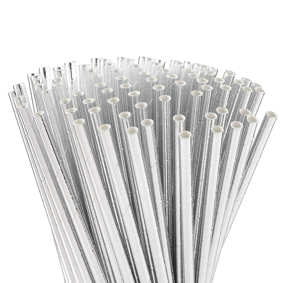 Metallic Silver Paper Straws, Biodegradable Disposable Party Drinking Straws, Pack of 100