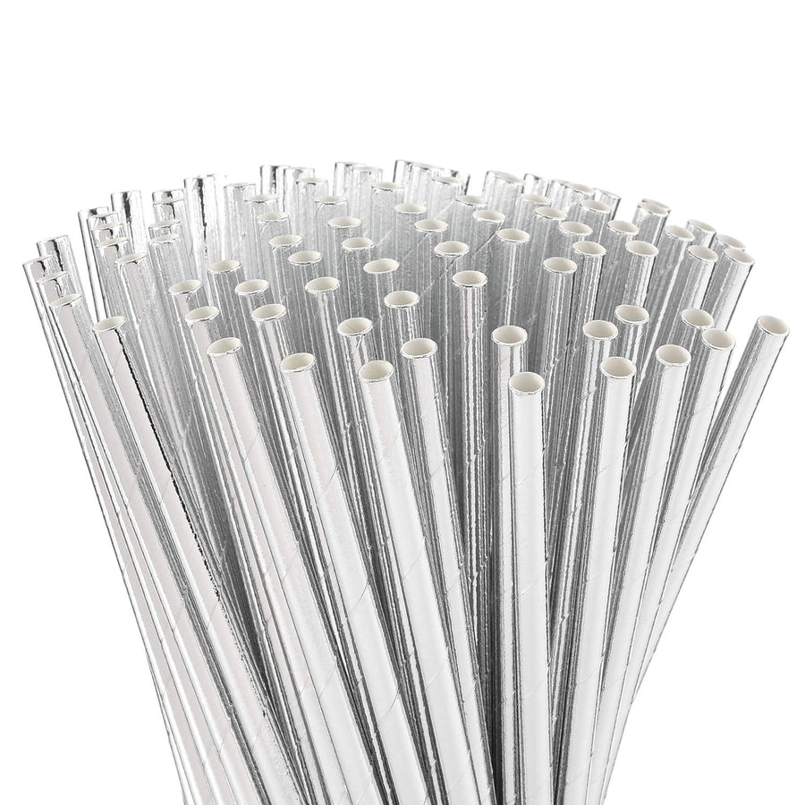 Metallic Silver Paper Straws, Biodegradable Disposable Party Drinking Straws, Pack of 100