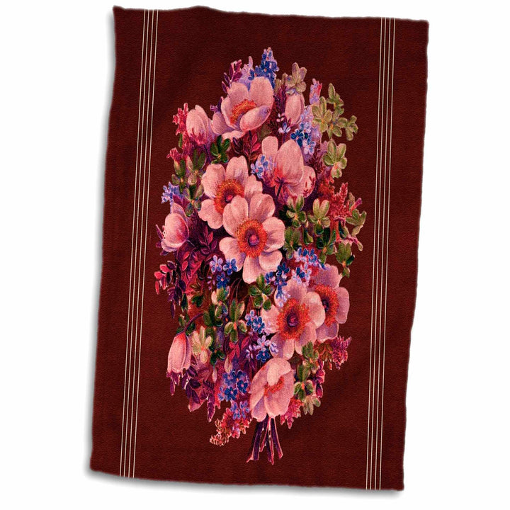 3D Rose Assorted Bouquet of Pink-Green and Blue Flowers with Burgundy Textured Background and White line TWL_53942_1 Towel, 15 x 22