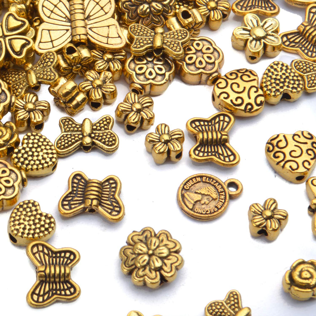 100 Gram(About 130-170pcs) Antique Gold Alloy Heart Butterfly Flower Beads Charm Bead Spacers Jewelry Findings Accessories for Bracelet Necklace Jewelry Making