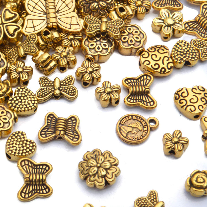100 Gram(About 130-170pcs) Antique Gold Alloy Heart Butterfly Flower Beads Charm Bead Spacers Jewelry Findings Accessories for Bracelet Necklace Jewelry Making
