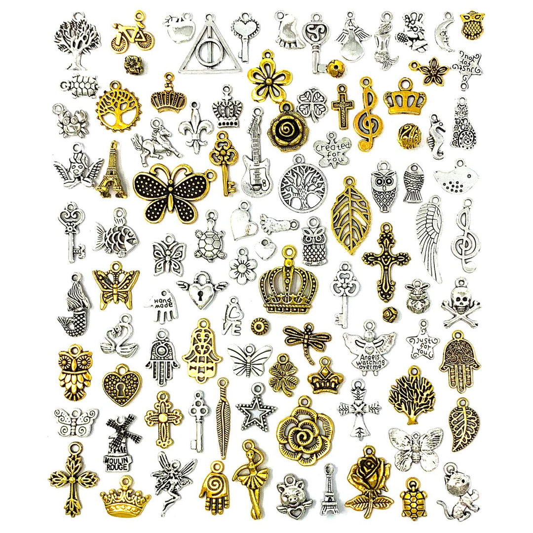 100 PCS Wholesale Bulk Lots Jewelry Making Charms Mixed Antique Silver&Golden Alloy Charms Pendants DIY for Necklace Bracelet Jewelry Making and Crafting