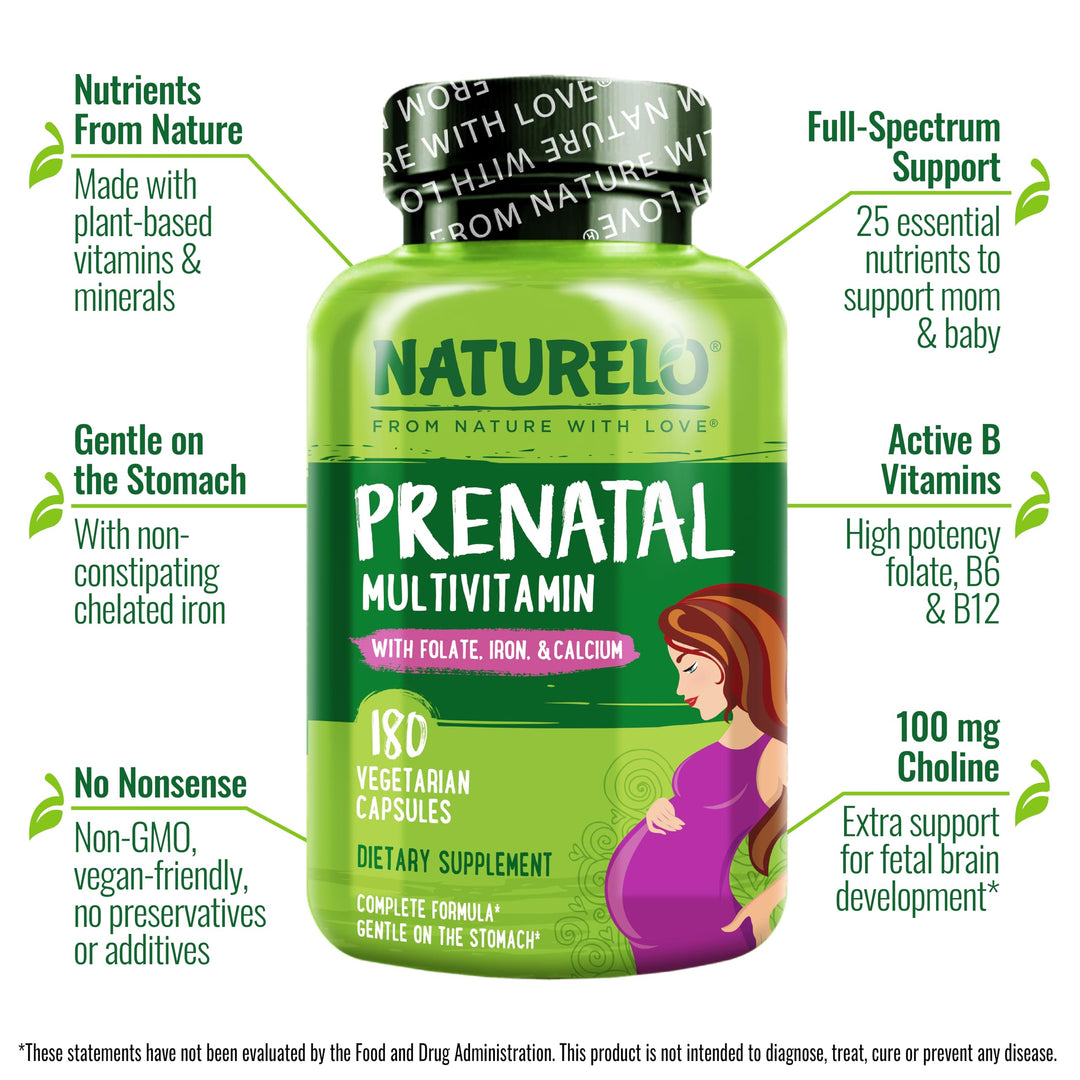 Prenatal Multivitamin with Gentle Chelated Iron, Methyl Folate, Plant Calcium & Choline - Vegan, Vegetarian - Non-GMO - Gluten Free - 180 Capsules - 4 Month Supply (Pack of 2)