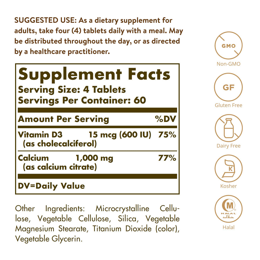 Solgar Calcium Citrate with Vitamin D3, 240 Tablets - Promotes Healthy Bones & Teeth, Supports Musculoskeletal & Nervous Systems - Non-GMO, Gluten-Free, Dairy Free, Kosher, Halal - 60 Servings