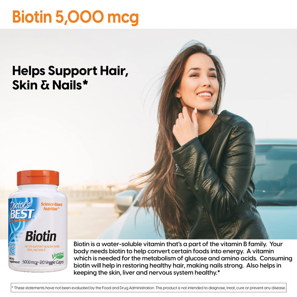 Doctor's Best Biotin Supports Hair, Skin, Nails, Boost Energy, Nervous System, Non-GMO, Vegan, Gluten Free, 120 Count