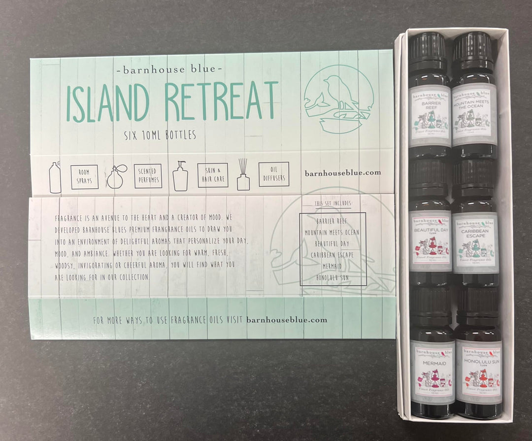 Island Retreat Set of 6 Premium Fragrance Oils - Includes Barrier Reef, Mountain Meets The Ocean, Beautiful Day, Caribbean Escape, Honolulu Sun, and Mermaid Scented Oils - 10ML